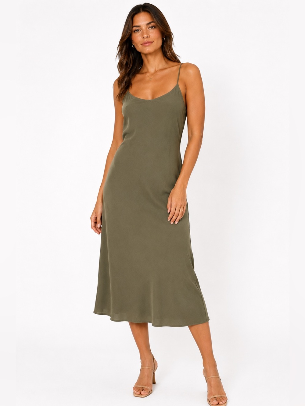Calvin Klein Olive Green Midi Slip Dress Women’s L Spaghetti Strap Minimalist